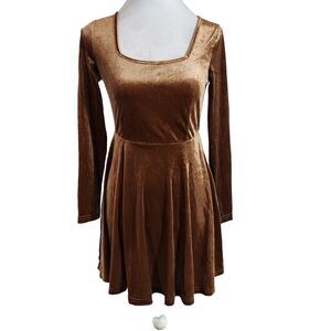 Shein Fit Flare Velour Velvet Dress Small Stretch Flowy Square Neck Brown NWT